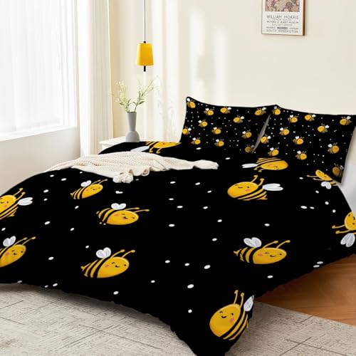 Housse de couette abeilles noir 240x260 parure lit microfibre durable