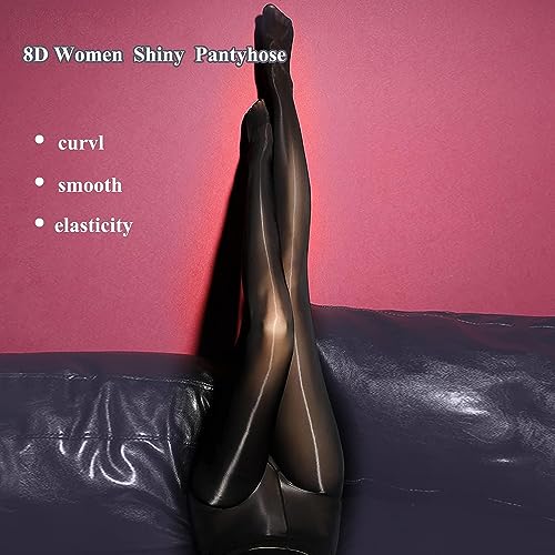 HTRUIYA Women's Tights 8 Denier Sheer Tights Smooth Stockings Oil Shiny Stockings High Waist Pantyhose Sexy Silk Pantyhose-Black4