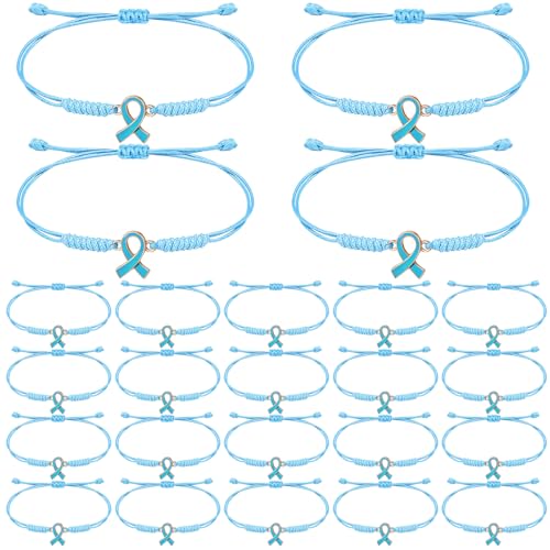 Image of Aurelema 24 Pcs Prostate Cancer Awareness String Bracelets Light Blue Ribbon Woven Bracelets Bulk Men's Health Decorations for Thyroid Disease Lymphedema Awareness Gifts