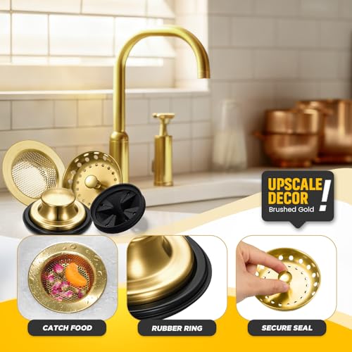 Image of 4 Pcs Brushed Gold Kitchen Sink Accessories Garbage Disposal Splash Guards 3.4'' Sink Drain Strainer and Stopper Stainless Steel Garbage Disposal Plug for Kitchen Drain Strainer
