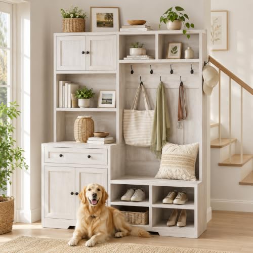 Einhomn-5-in-1-Hall-Tree-with-Bench-and-Shoe-Storage-51-W-Entryway-Organizer-Coat-Rack-with-9-Hooks-2-Storage-Cabinets-Drawer-Open-Cubbies-for-Mudroom-Hallway-Living-Room-Rustic-White