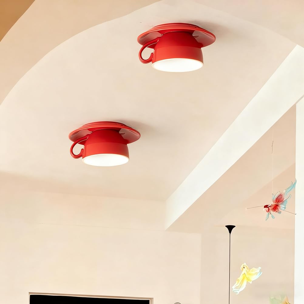 OOWOKS Plafonnier LED rouge créatif Lampe de plafond Céramique Tasse à café Design 3 températures de couleur (3000K/4500K/6000K) Éclairage de plafond moderne Lustre pour restaurant Café Couloir,Vert