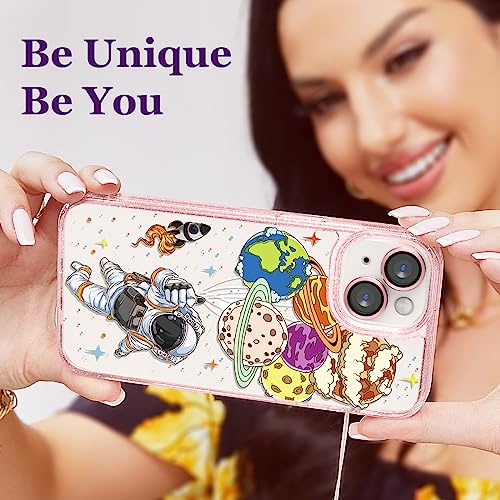 Image of Designed for iPhone 14 Case Pink Glitter Clear - Cute Bling Phone Case with Wrist Strap - Aesthetic Y2K Case for Woman, Girl 6.1 inch (Spaceman)