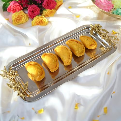 Image of BEHOMA Royal Rectangular Serving Platter, 15.5 inch | Rectangular stainless steel platter with brass leaf handle, 15.5 inch; elegant Durga Puja serveware.
