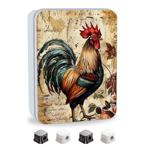 Image of Metal Tin Box with Lid,Multi-functional Storage Large Box Can Store Tea Biscuits Game Cards, Playing & Tarot Cards-Comes with 4 Magnetic Cord Clips,Vintage Rooster Art