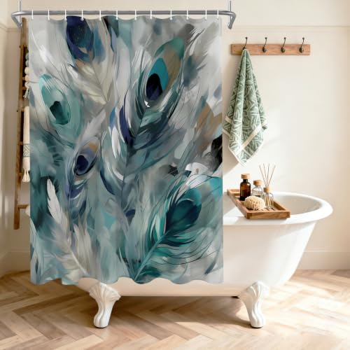 Dalianlc Vintage Peacock Feathers Theme Bathroom Bathtubs Fabric Shower Curtain Watercolor Peafowl Feather Shower Curtain Set with 12 Hooks 72x78 inch Polyester Machine Washable, Blue Grey and White