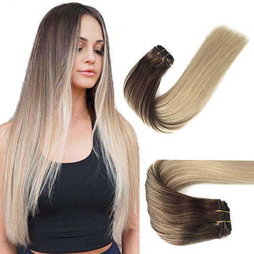 Sew in Human Hair Bundles Real Remy Hair Extensions Double Weft Full Head Even End Natural Weave Bundles Seamless Thickness Silky Straight Glueless Ombre Ash Brown to 60 Platinum Blonde 100g 20 Inch