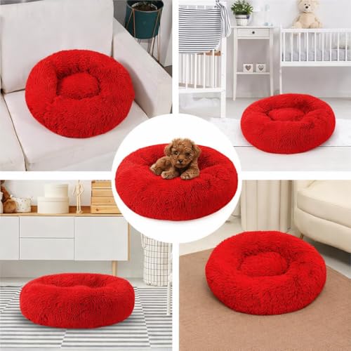 Image of ZEXSAZONE Red Plush Dog Bed Summer - Anti-Anxiety Round Donut Pet Bed with Raised Edges | Soft Faux Fur Calming Bed for Puppies, Cats & Small Dogs | Machine Washable