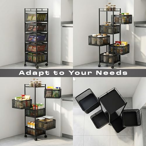 Image of Metal Multi-Purpose Trolley Kitchen Storage Organizer Rack Stand with 360 Wheels | 5 Layer Square Design | Kitchen Accessories Items for Fruit Vegetable Onion Rack for Kitchen (Black)