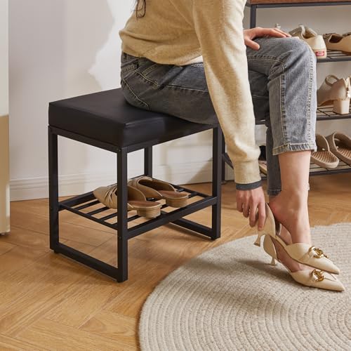 Aibiju Hocker Stuhl für Schminktisch, Kunstleder, Kleiner Make-up-Hocker, Bank für Schminktisch, PU-Sitz, Schminkhocker, Fußhocker, Ottomane für Schlafzimmer, Wohnzimmer, Schwarz YD-JD150B