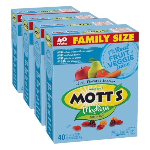 Image of Mott's Assorted Fruit Snacks Family Pack, Gluten Free Gummies, Made with Fruit & Veggie Juice, Good Source of Vitamin C, Gelatin Free, Individual Pouches, 32 oz, 40 Count (Pack of 4)