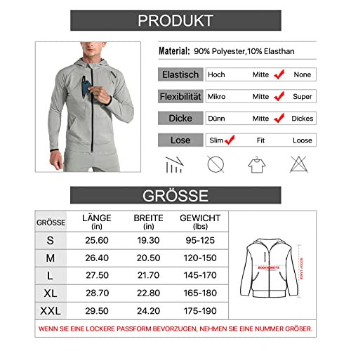 BROKIG Leichte Hoodie Herren,Schnelltrocknende Laufjacke Atmungsaktives Kapuzenpullover Trainingsjacke mit Reißverschluss(Hellgrau,M)
