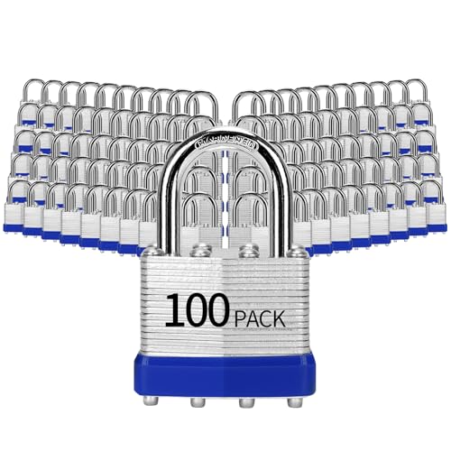 Image of Padlocks Keyed Alike, Pack of 100, Laminated Steel Keyed Lock (1-9 /16 inch, 40mm), Padlocks with Same Key, Normal Sized Hardened Shackle, for Toolbox, Locker & Storage Unit, and More