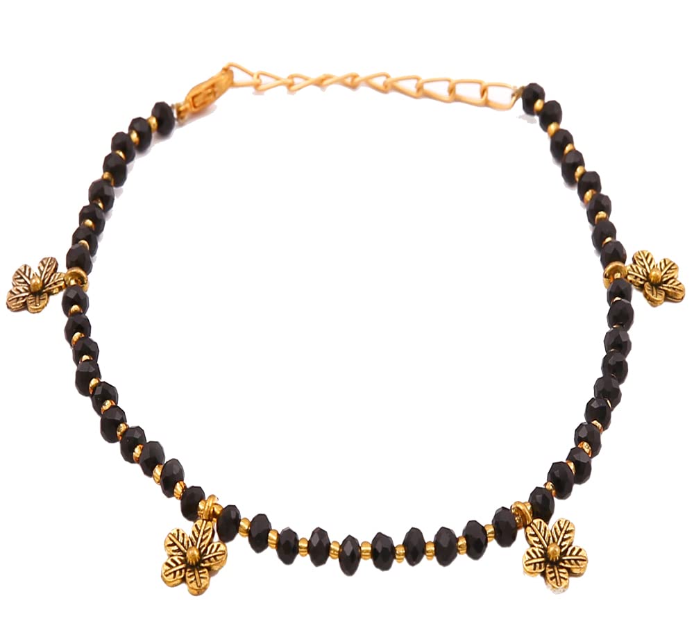 goldiluxe Handmade German metal Glossy Black Beads Chain Anklet For Women | girls | Nazariya |Anklet |Payal | Nazar Battu | single leg |free size-picture-2