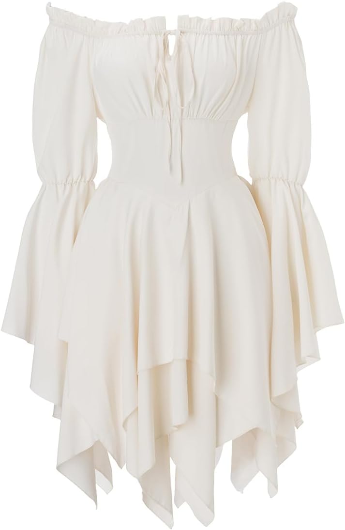 Women's Renaissance Pirate Dress Off Shoulder Bell Sleeve Fairy Dress Corset Waist High Low Hem for Cosplay Festival