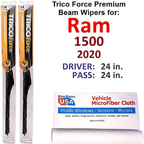 Premium Beam Wiper Blades for 2020 Ram 1500 Set Trico Force Beam Blades Wipers Set Bundled with MicroFiber Interior Car Cloth