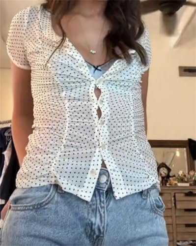 Image of Y2k Girls Vintage Coquette Button Down Shirt Women Short Sleeve V-Neck Slim Fitted T-Shirt Cute Blouse Crop Top