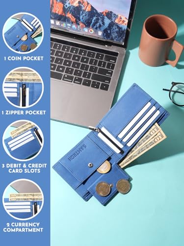 Image of SAMTROH Vegan Leather Wallet for Men | Vintage Printed | Premium Vegan Leather Craftsmanship | 3 Card Slots I 2 Cash Compartments & Secret Slots | 1 Coin Pocket. (Eagle, Blue)