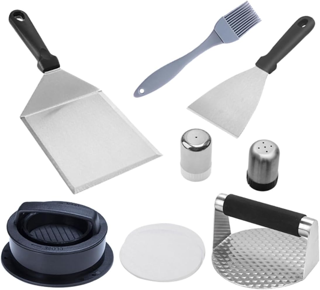 POPETPOP Heavy-Duty Stainless Steel BBQ Griddle Tools with Burger Press Spatula Oil Brush and Oil Paper for Outdoor Grilling Camping Frying and Versatile Cooking