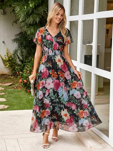 Image of Simplee Womens Floral Maxi Dress - Short Sleeve Summer Boho Wedding Guest Dress Empire Waist Chiffon Modest Midi Dresses