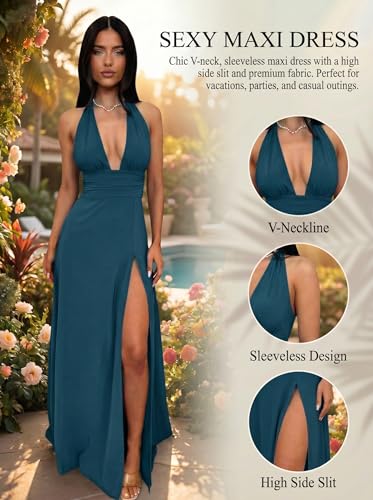 Image of Ekaliy Womens Sexy Halter Deep V Neck Maxi Dress Sleeveless Backless Split Long Dress