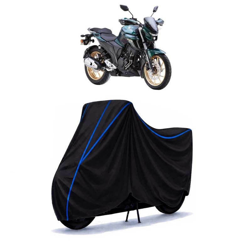 Image of FZ-FI Bike Cover Water Resistant Universal Motorcycle Rain | Heavy Duty UV Protection, Dust, Scratch Indoor Outdoor All Weather with Black Blue Piping Elastic