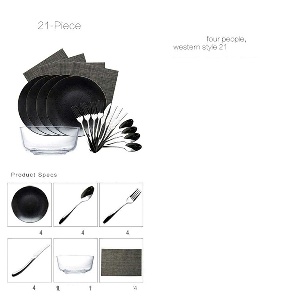 Set da tavola, Set da tavola in Porcellana Nera con tovaglietta in PVC, Set di stoviglie in Ceramica, A, 21 Pezzi(
