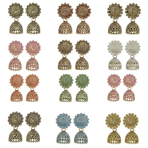Image of Fancy Fashion Jewellery Jhumka meenakari oxidised kundans flower Earrings for Women Girls Ladies Wife South Indian Traditional Earrings Set stylish small Jhumki Combo pack OF 12