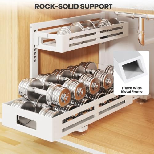 Image of 2 Pack 21IN-Depth Under Sink Organizer,Pull Out Cabinet Organizer With Smooth Cylindrical Rail,Metal Slide Out Drawer for Kitchen Bathroom Laundry,8-Level Tool Free Height Adjustable-White