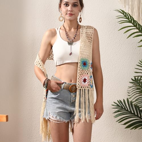 Smdppwdbb Women'S Floral Crochet Hollow Out Sleeveless Fringe Long Boho Retro-Look Handmade Cardigan Vest thumb #4