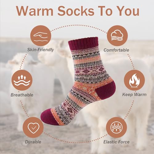 Image of 5 Pair Warm Socks Vintage Winter Thick Knit Cozy Crew Socks Boots Socks Gifts for Women