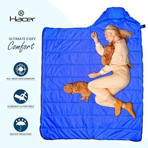 Image of Hacer HC-1500 3in1 Camping Sleeping Bag Open Comforter & Mattress +2 Degree Winter 210T Polyester Lining Hiking Trekking Bags for Baby, Adults Men & Women (7ft, Blue & Black, 2C to +5C, 1.6kg)
