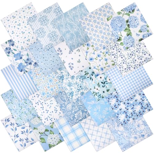 25 Pcs Blue Quilting Fabric Scraps 10x10 Blue Cotton Fabric Squares Vintage Precut Quilt Kits Include Floral Stripes Printed Pattern for DIY Craft Supplies