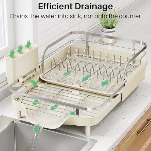 Image of SNTD Dish Drying Rack, Expandable Dish Rack for Kitchen Counter, Stainless Steel Dish Drainer with Drainboard Set and Utensil Holder (Beige)