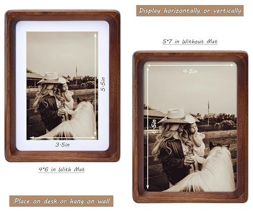 Image of 5x7 Picture Frame with Mat for 4x6, USA-Sourced Natural Walnut Wood Handcrafted Rounded Corner with Real Glass, Vertical or Horizontal Display Photo Gallery Wall & Tabletop Frame