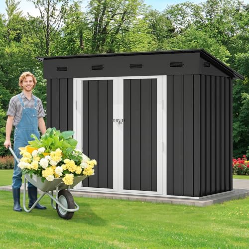 Image of DWVO 9' x 4' Outdoor Storage Shed, Lockable Double Doors, Sloped Roof, Heavy-Duty Steel Shed for Garden & Patio, Large Backyard Tool Organizer, Dark Gray