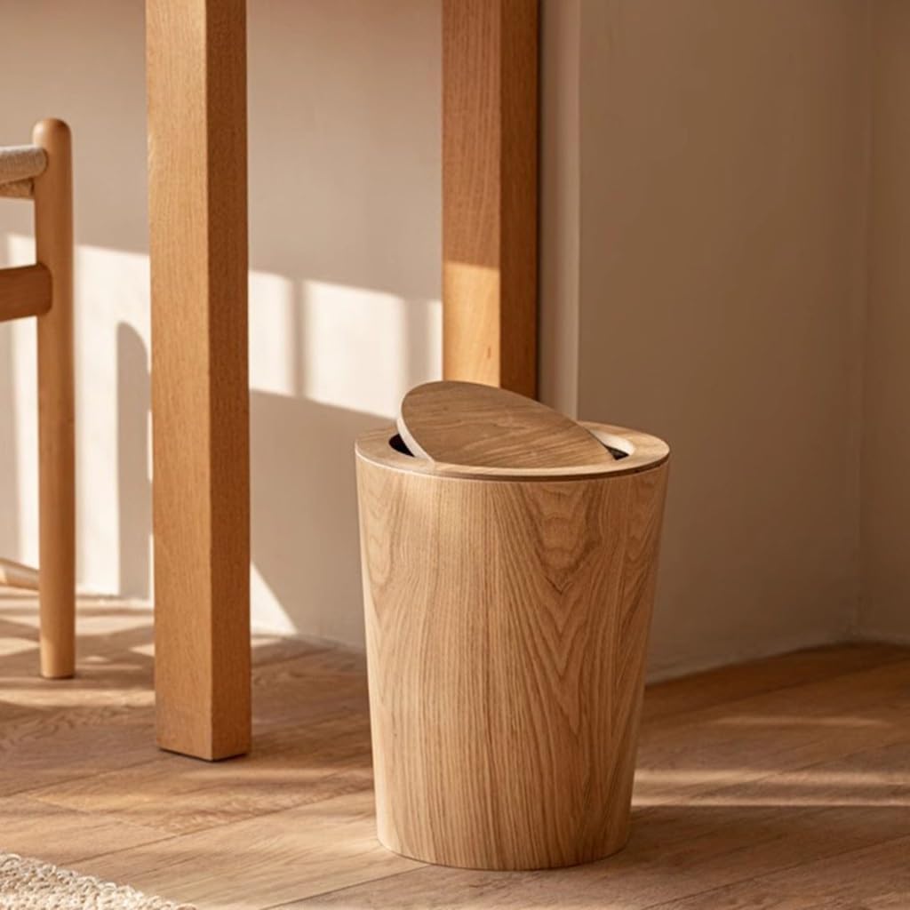 Papelera Papelera Redonda, Papelera de Madera con Tapa, Papelera de Reciclaje, Papelera con Tapa para baño, Aseo de Invitados, Papelera de Cocina