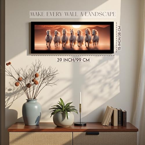 Image of PAINTINGMANTRA Running Horse Vastu Modern Wall Art Framed Luxury Paintings for Home Decoration, Living room, Bedroom and Office Decoration (99x38 CM)