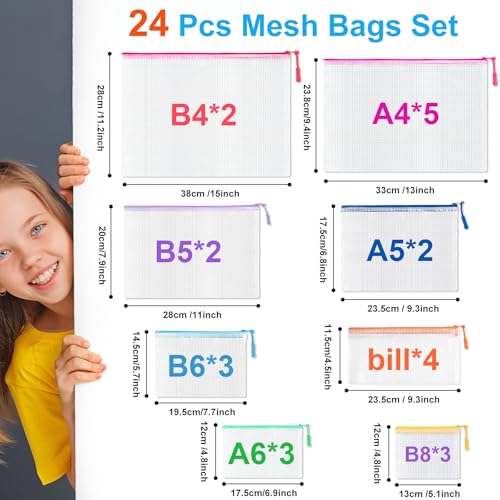 24 Pcs Mesh Zipper Pouch Bags 8 Sizes