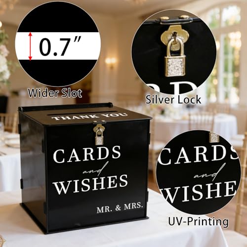 Image of Black Acrylic Card Box with Slot & Lock, DIY Large Wedding Card Boxes for Reception, Elegant Money Envelop Gift Cards Box for Party Wedding Birthday Baby Shower Graduation Table Decor