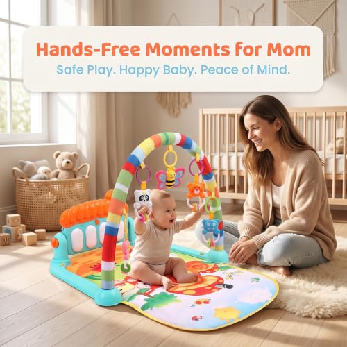 Image of Uonibaby by StarAndDaisy Baby Play Gym Mat with Piano, Kick & Play Activity Gym for Babies, Infants & Toddlers, Hanging Rattle Toys & Fitness Rack