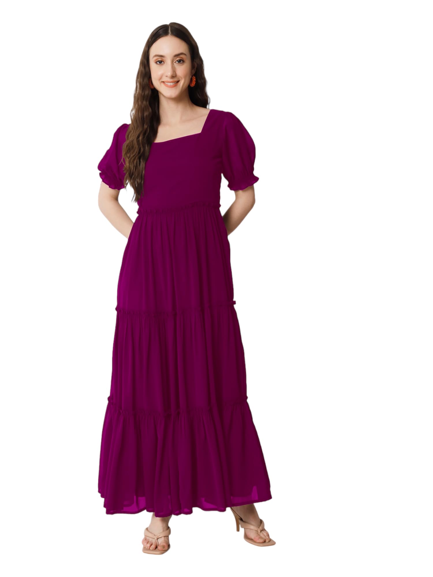 Femvy Vestido sólido Georgette de diseñador para mujer 761