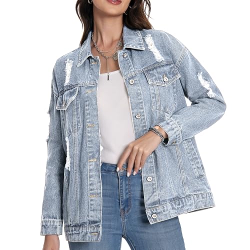 Mars Guard Women's Jean Jacket Denim Distressed Oversized Ripped Long Boyfriend Jacket Fall Soft Shacket Trucker Coat