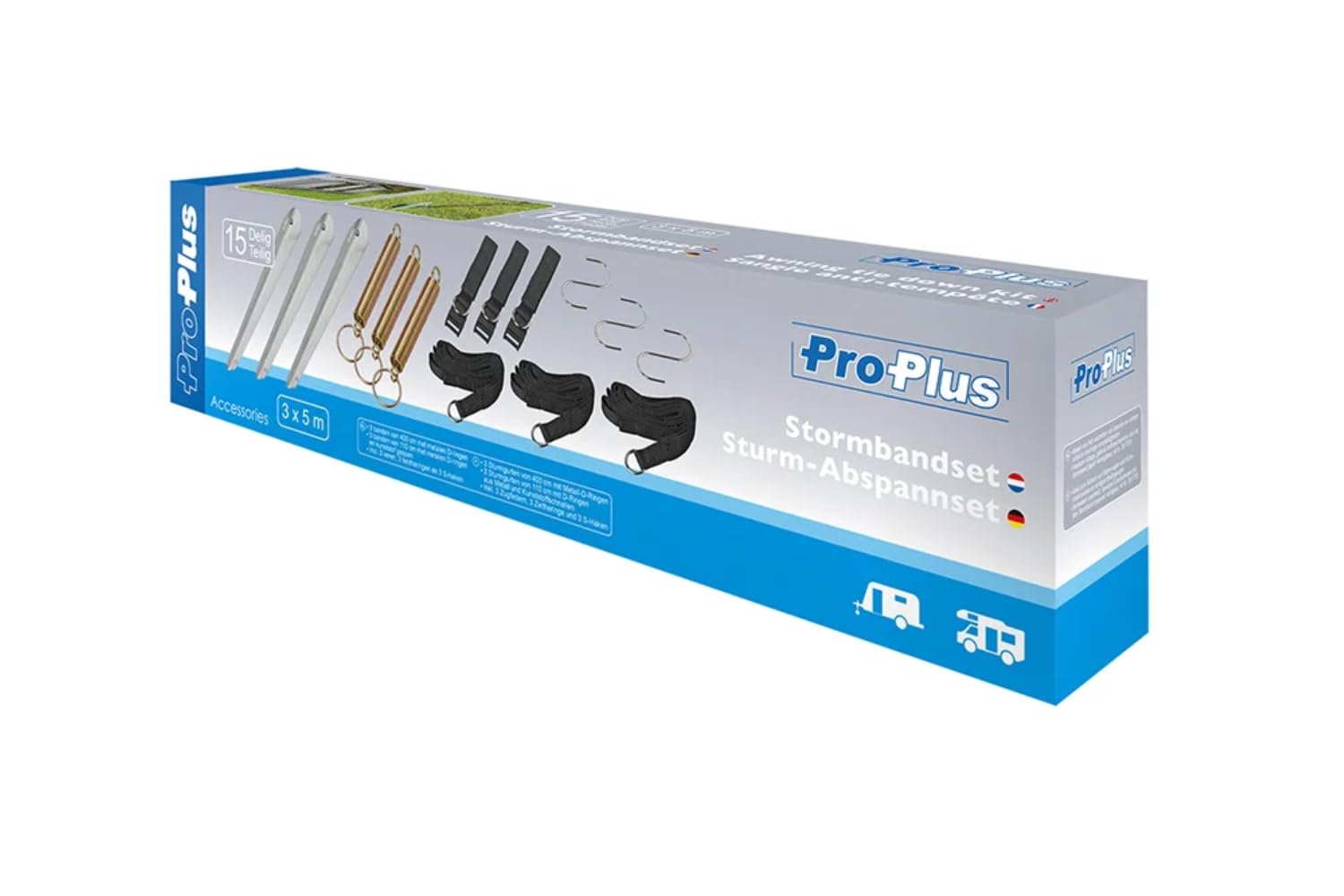 ProPlus 361724 Abspannset für Vorzelt 3X 5,10 cm inkl. 3 Zugfedern, 3 Zeltheringe und 3 S-Haken Abspannseile und Sturmsicherungen für Markisen – Ideale Lösung für Camping Sturmbänder Sturmband. | 3 Sturmgurte (400 cm + 110 cm), 3 Zugfedern, 3 Zeltheringe,