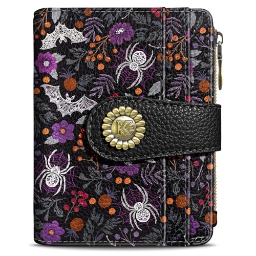 Image of Kelvoris Goth Gothic Bats Spiders Web Small Rfid Women Wallet Bifold Zipper Coin Pocket PU Leather Compact Cash Credit Card Holder Travel Wallet for Female Ladies Teen Girls 1 ID Window 10 Card Slots