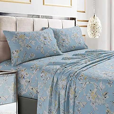 Tribeca Living Soft Cotton Sateen Floral Print, Extra Deep Pocket, 300 Thread Count, 4-Piece Bed Sheet Set, California King, Colmar Navy Blue/Multi Cover