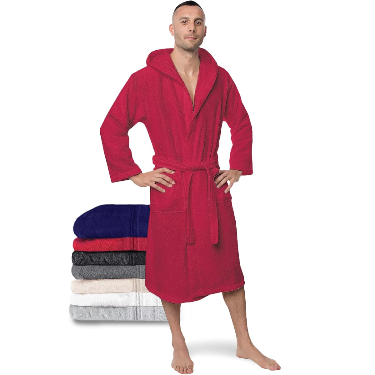 Twinzen Accappatoio per Uomo con Cappuccio in Spugna, 2 Tasche, Cintura Cotone Senza Prodotto Chimico, Oeko Tex - Vestaglia per Uscire dalla Doccia, Assorbente e Confortevole