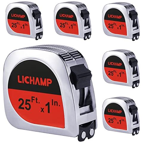 LICHAMP Magnetic Tape Measure 25 ft, 6 Pack Bulk Easy Read Chrome Measuring Tape Retractable with Fractions 1/8, Measurement Tape 25-Foot by 1-Inch, Square Cover