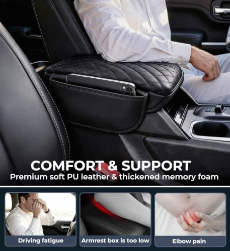 Image of Center Console Cover for Jeep Grand Cherokee L 2026 2025 2024 2023 2022 2021, 1.2-Inch Thick PU Leather Middle Armrest Cushion Protector Pad with 2 Side Pockets, Black