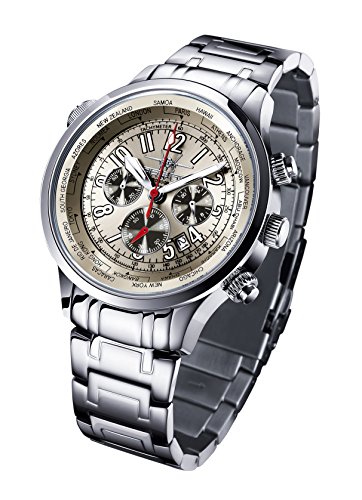 Preisvergleich Produktbild FIREFOX WORLDTIMER FFS40-115 Sunray silberbraun Weltzeitanzeige Chronograph Herrenuhr Armbanduhr Sicherheitsfaltschließe massiv Edelstahl Water Resistant Miyota OS20 Werk